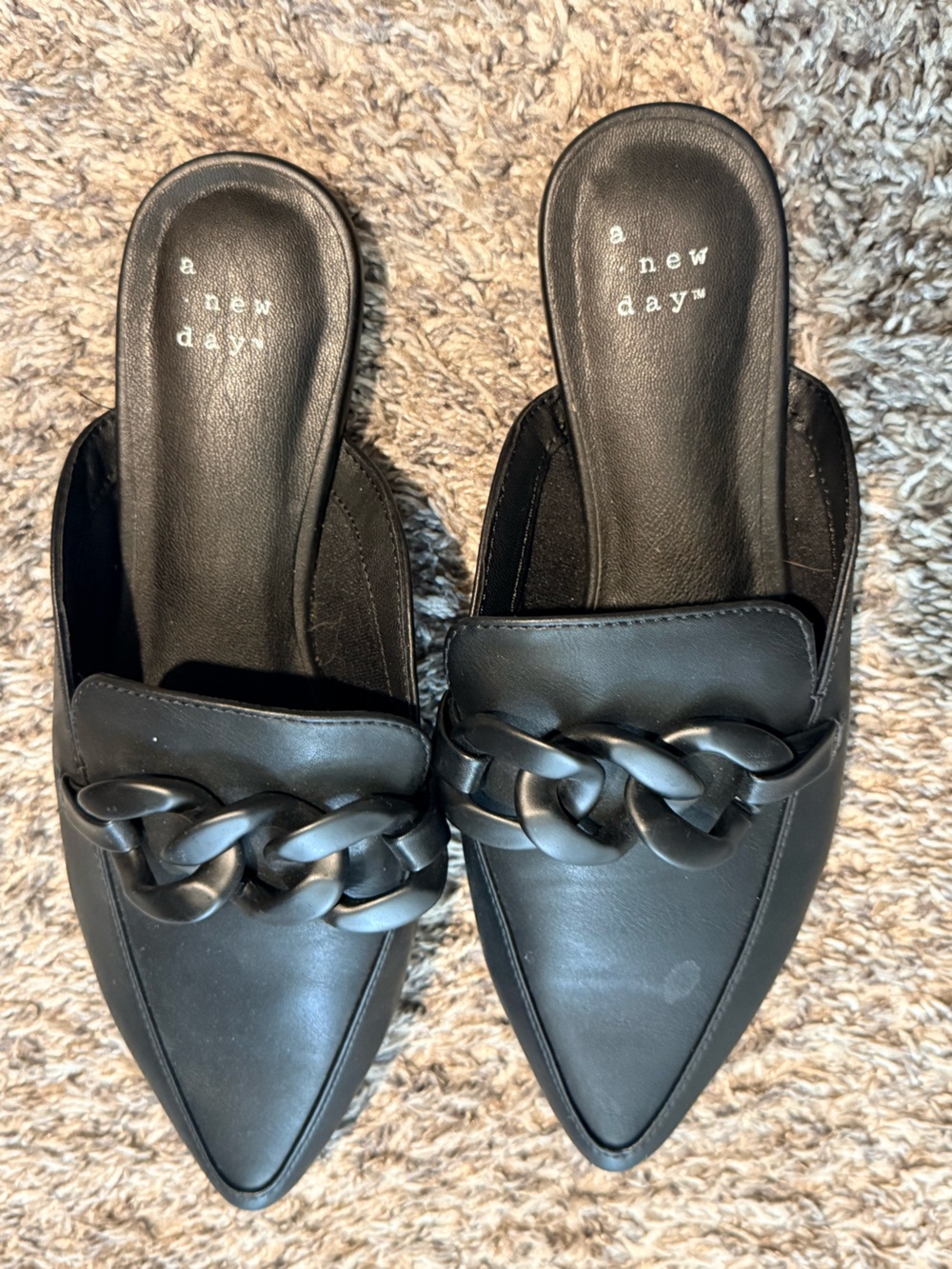 a new day Black Chain-Trim Pointed Slip-On Mules